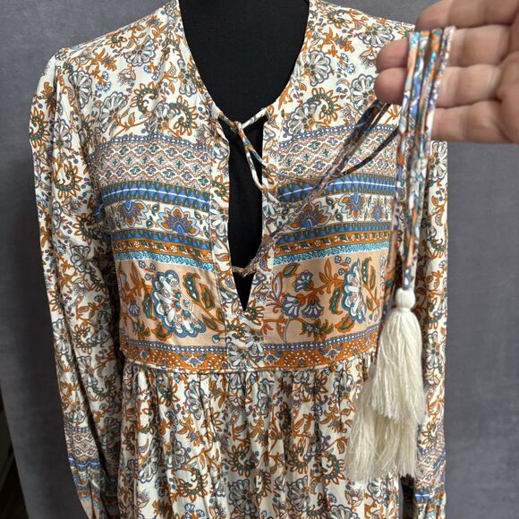 R VIVIMOS  Long Sleeve Boho Midi Dress Floral V Neck Cottage Prairie - Picture 5 of 9